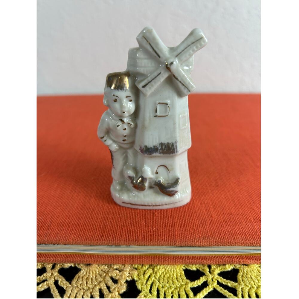 1940s Made in Japan- Dutch toothpick holder- Boy Windmill - white golden